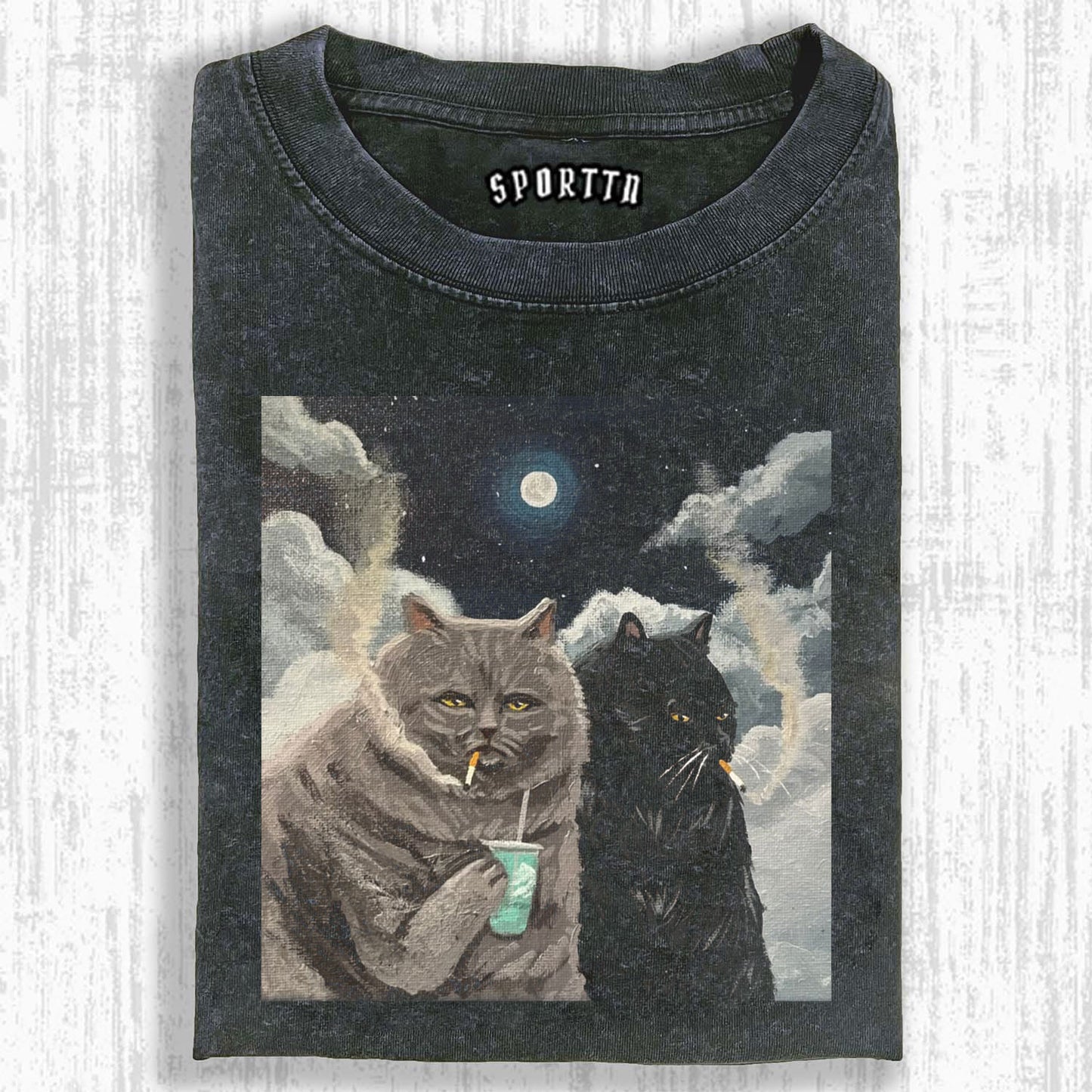 CATS SMOKING UNDER THE MOON T-SHIRT