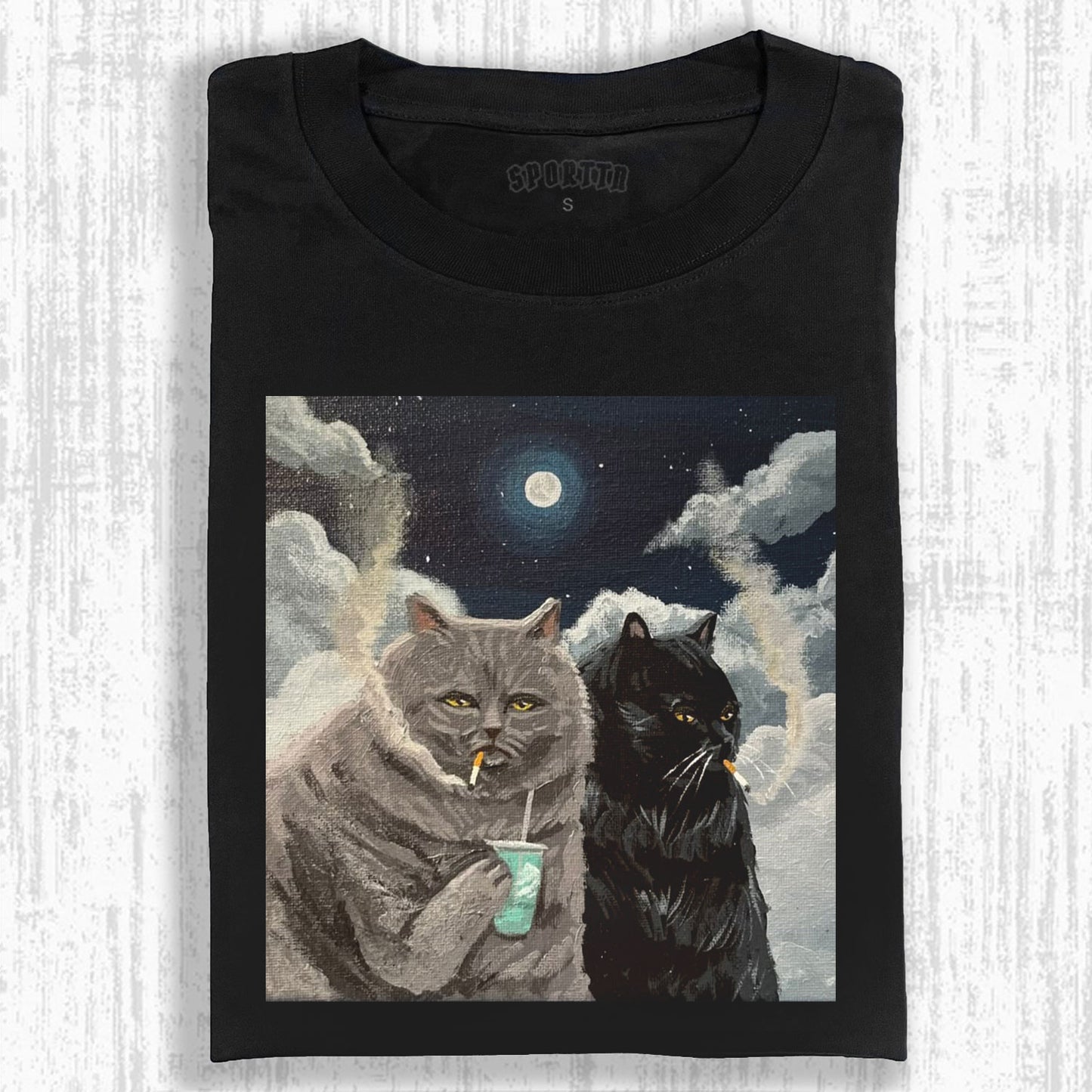 CATS SMOKING UNDER THE MOON T-SHIRT