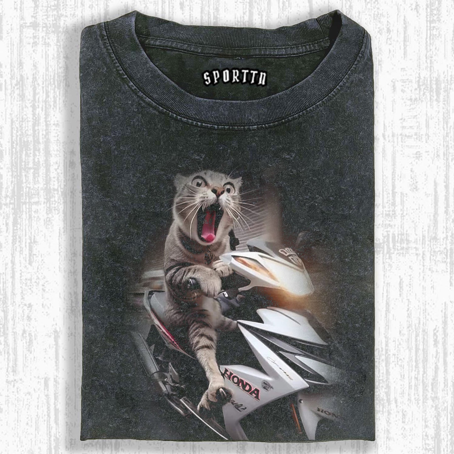COOL CAT ON A MOTORCYCLE STYLISH RIDING TEE