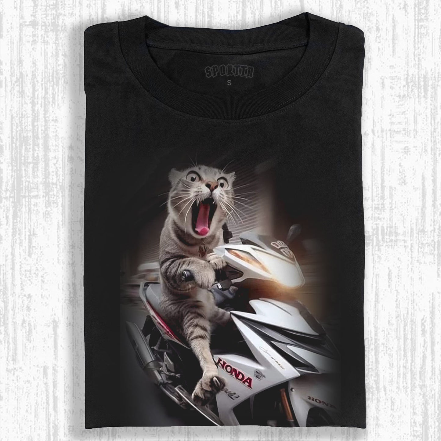 COOL CAT ON A MOTORCYCLE STYLISH RIDING TEE
