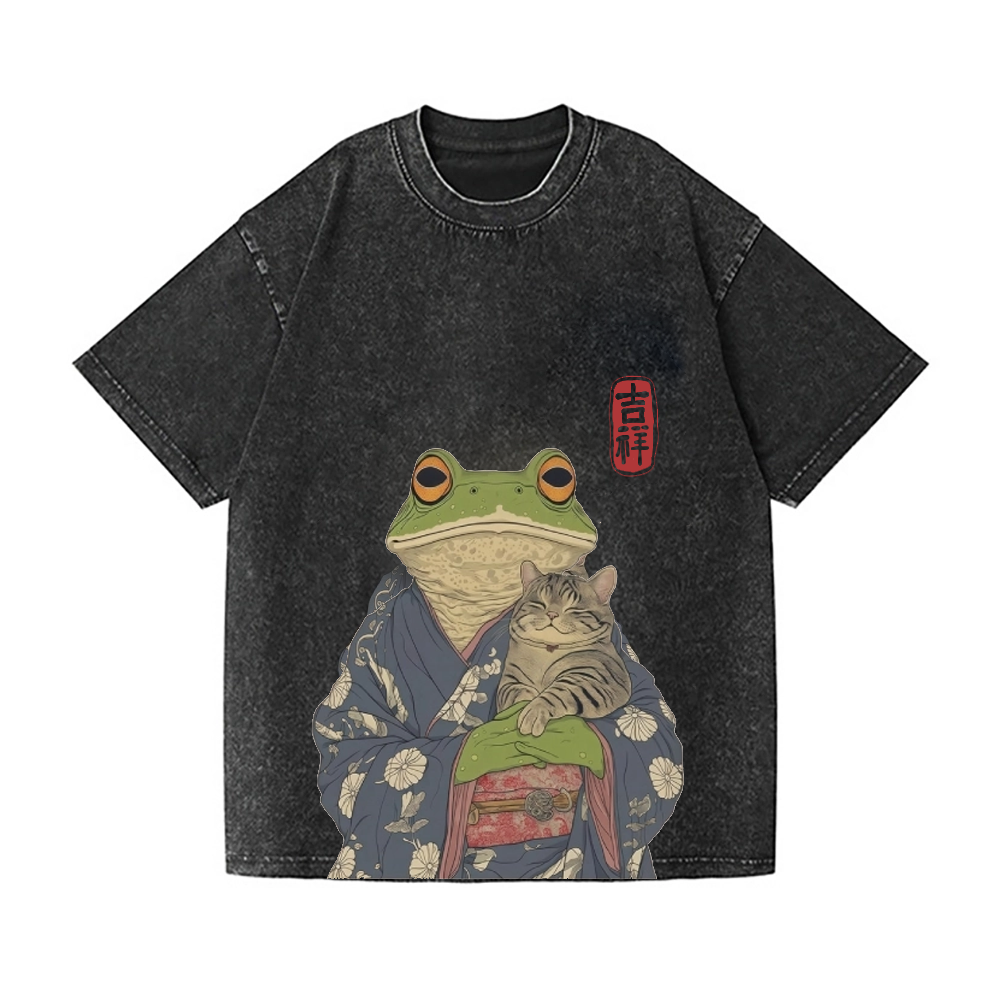 FROG CAT VINTAGE WASH JAPANESE DESIGN T-SHIRT