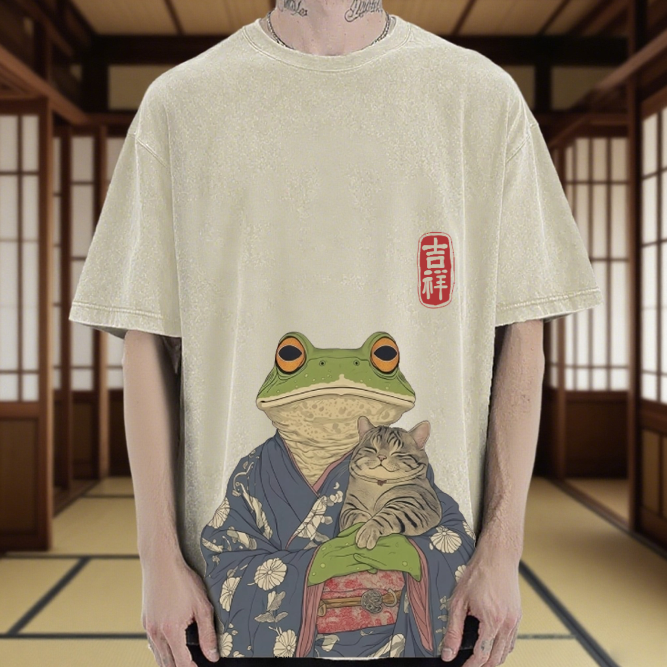 FROG CAT VINTAGE WASH JAPANESE DESIGN T-SHIRT