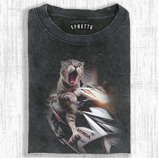 COOL CAT ON A MOTORCYCLE STYLISH RIDING TEE