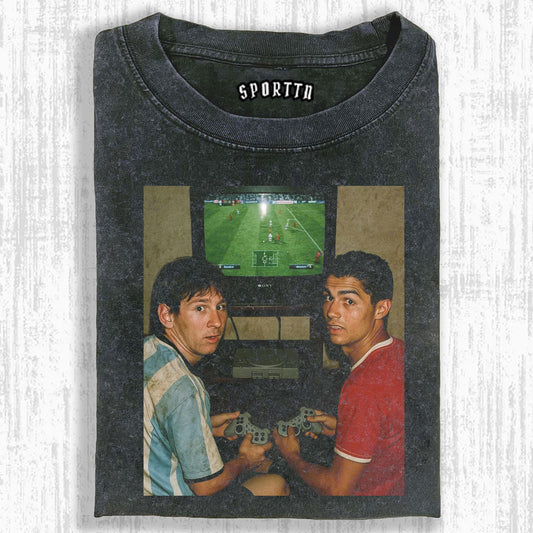 LIONEL MESSI AND CRISTIANO RONALDO PLAYING FOOTBALL GAME THEMED T - SHIRT