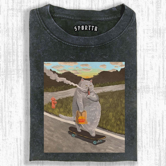 SKATEBOARDING 'SMOKING' CAT'S ROAD ROAMING T-SHIRT